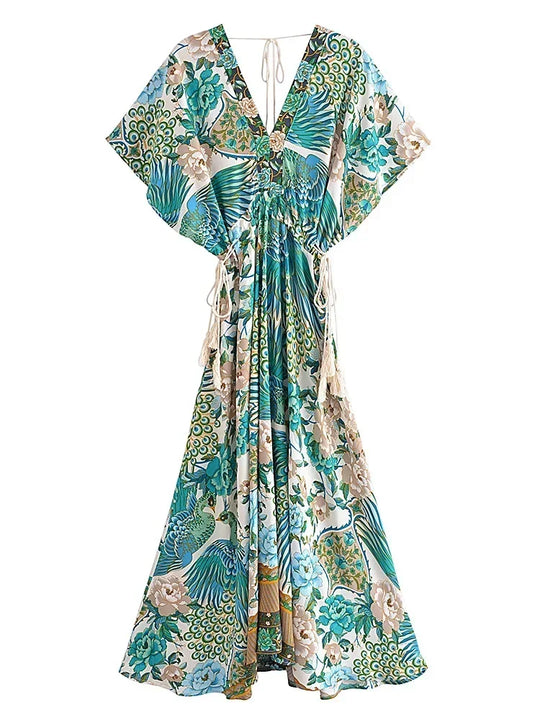 Noelle | Boho Pauwenprint Maxi Jurk