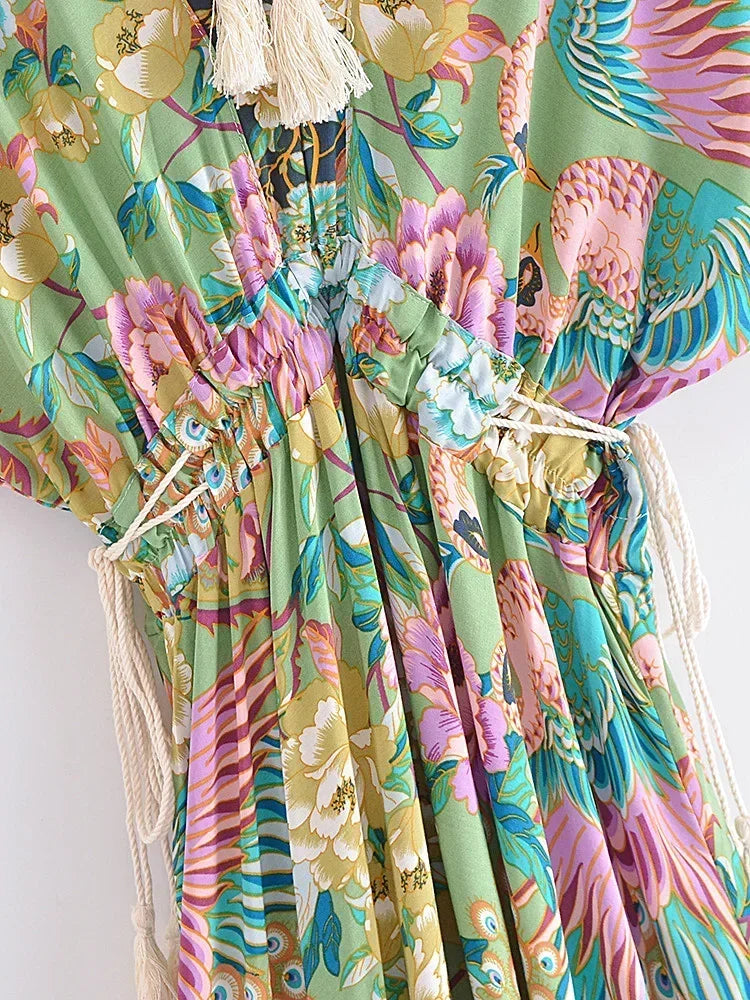 Noelle | Boho Pauwenprint Maxi Jurk