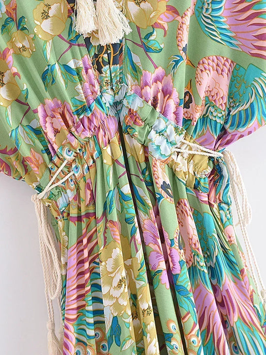 Noelle | Boho Pauwenprint Maxi Jurk