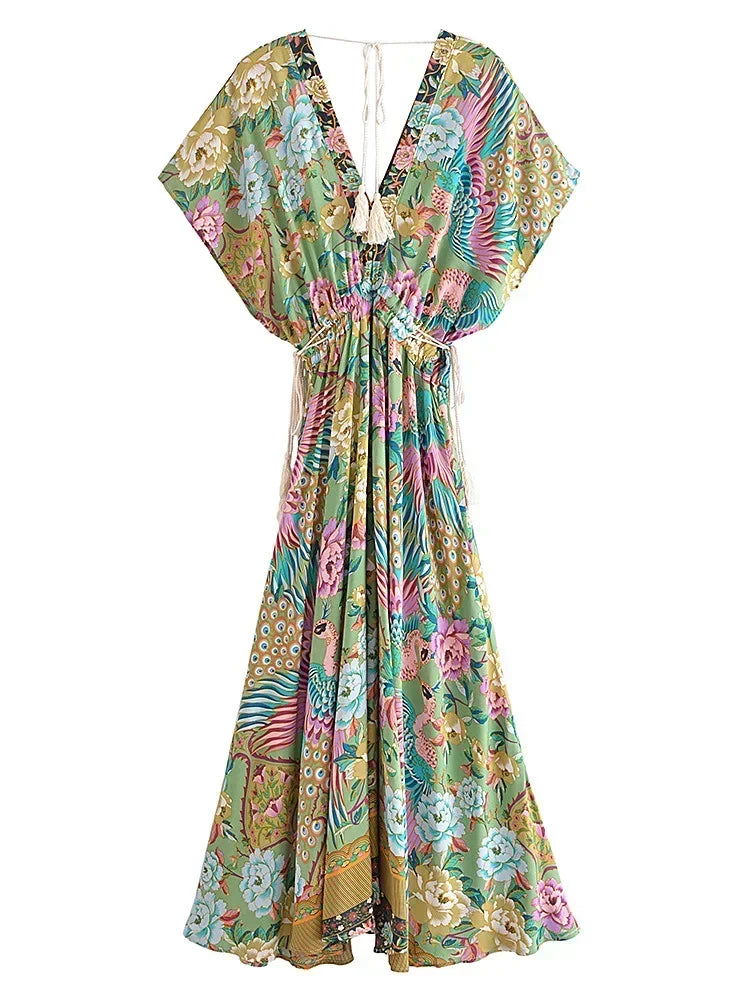 Noelle | Boho Pauwenprint Maxi Jurk