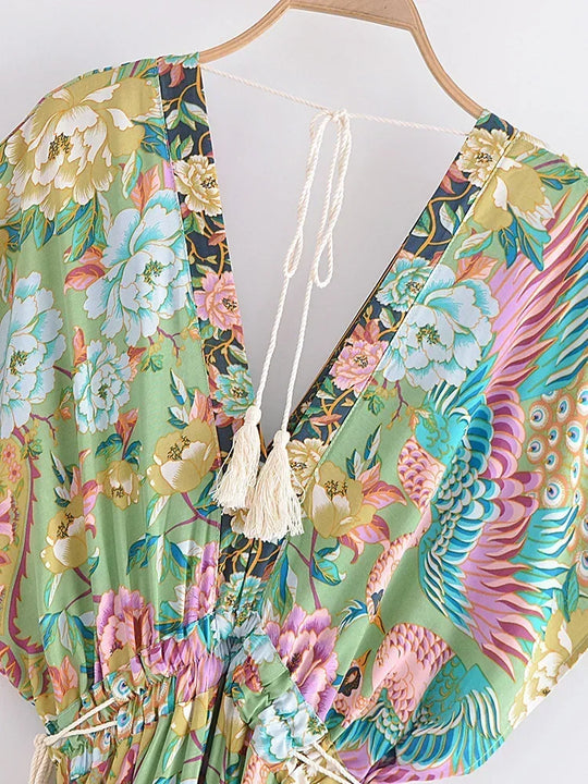 Noelle | Boho Pauwenprint Maxi Jurk