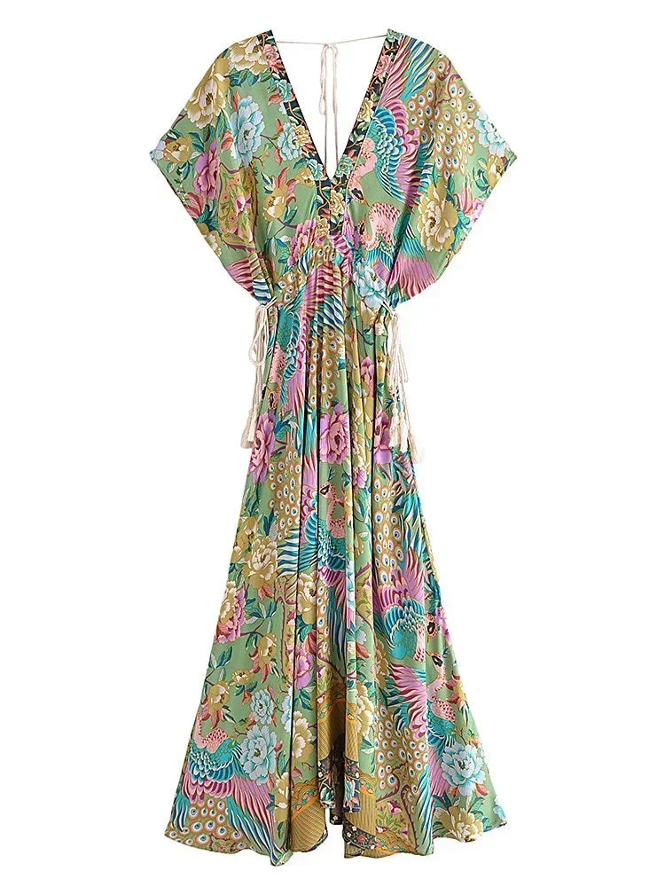 Noelle | Boho Pauwenprint Maxi Jurk