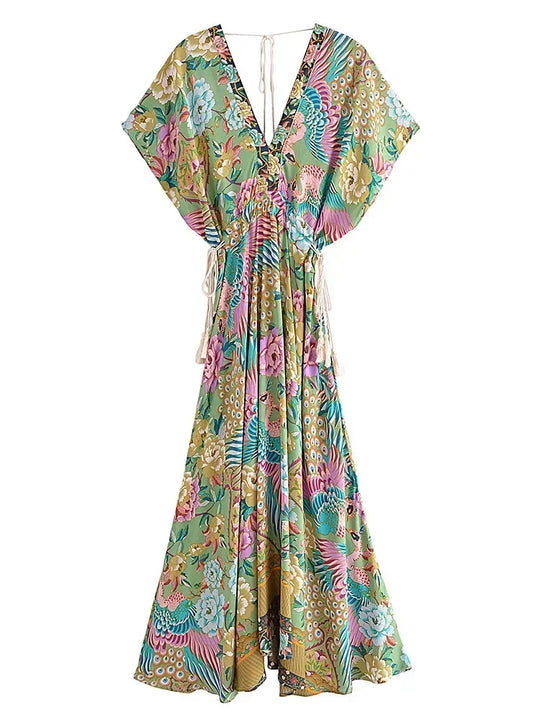 Noelle | Boho Pauwenprint Maxi Jurk